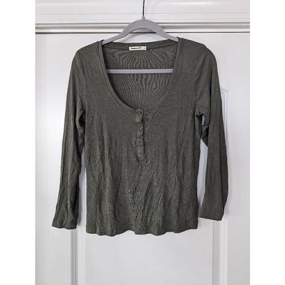 Marine Layer Lexi Ribbed Henley Top women's size XL olive green cropped L/S - Picture 1 of 8